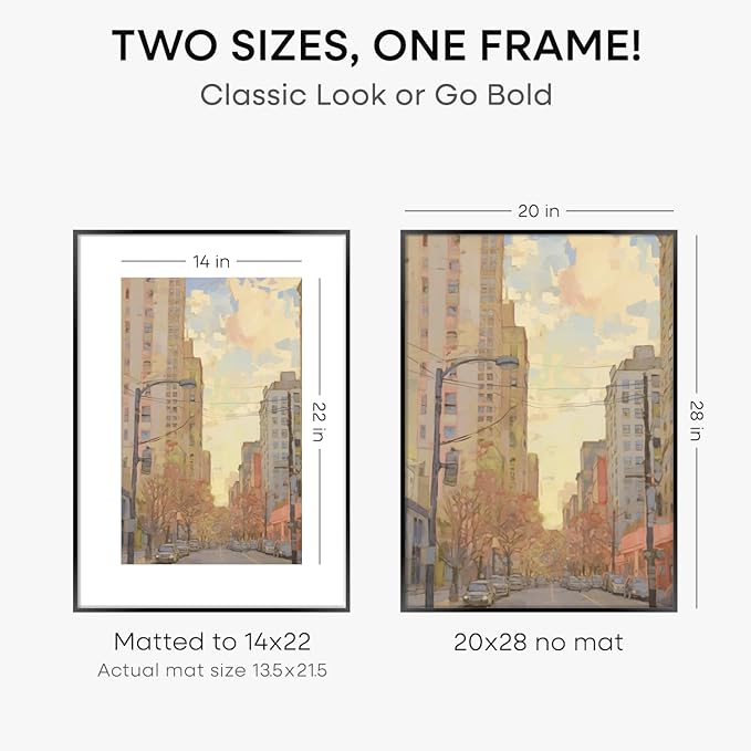 Homeforia 20 x 28 Picture Frame Black, High End Metal 20x28 Poster Frames with Mat 14x22 for Photo, 20 x 28 Black Frame Matted to 14 x 22 Print, 28x20 Hanging Frame, Tempered Glass, Wall Kit, Set of 1-Ruum Studio Home