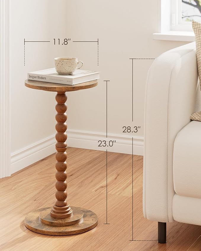 Masupu Round Side Table, Small End Table for Small Spaces, Pedestal Drink Table with Solid Wood Leg for Living Room, Bedroom, Corners(Rustic Brown)-Ruum Studio Home