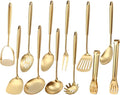 Gold Kitchen Utensils Set, 12 PCS Brass Matte Serving Utensils, 18/10 Stainless Steel All Metal Cooking Tools - Potato Masher, Tongs, Meat Fork, Spatula, Turner, Ladle, Skimmer, Spaghetti Spoon Set-Ruum Studio Home
