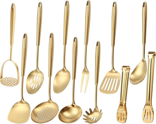 Gold Kitchen Utensils Set, 12 PCS Brass Matte Serving Utensils, 18/10 Stainless Steel All Metal Cooking Tools - Potato Masher, Tongs, Meat Fork, Spatula, Turner, Ladle, Skimmer, Spaghetti Spoon Set-Ruum Studio Home