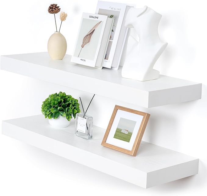 Deep Floating Shelves, 12'' Deep Rustic Large Floating Shelves Set of 2, White Shelves for Wall 36 Inches Long, Wood Shelves for Living Room Laundry Room Bedroom Kitchen Home Office - White-Ruum Studio Home