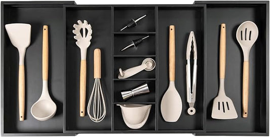 Adjustable Kitchen Drawer Organizer for Utensils and Junk, Food-Safe Contract Grade with 100% Sustainable Wood, Expandable from 19 to 33 Inches Wide - Black Bamboo-Ruum Studio Home