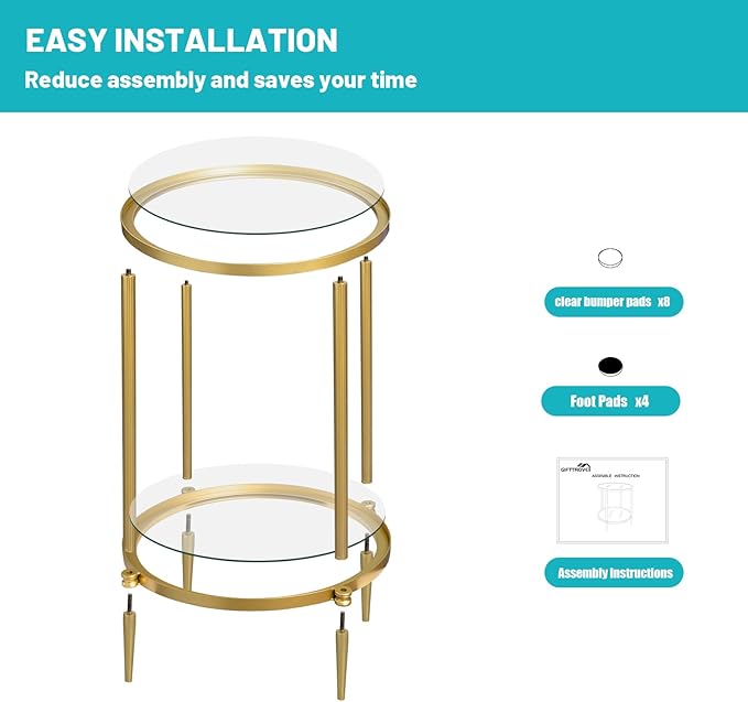 2 Tier Round Side Table, Gold End Table with Glass Top, Modern Metal Clear Coffee Tables, Small Accent Tables for Living Room, Bedroom, 18" x 18"-Ruum Studio Home