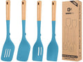 Pack of 4 Silicone Kitchen Utensils Set, Non Stick Solid Spatulas and Heat Resistant Slotted Spoons with Wooden Handle, Ideal BPA Free Cooking Utensils for Mixing,Serving,Turning,Stirring(BLUE)-Ruum Studio Home