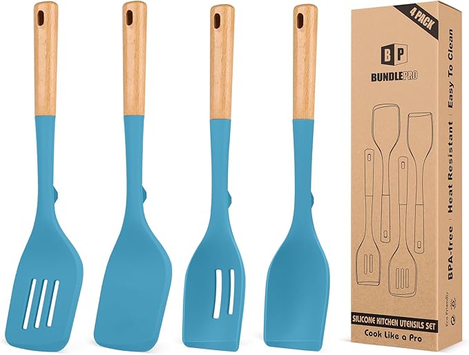 Pack of 4 Silicone Kitchen Utensils Set, Non Stick Solid Spatulas and Heat Resistant Slotted Spoons with Wooden Handle, Ideal BPA Free Cooking Utensils for Mixing,Serving,Turning,Stirring(BLUE)-Ruum Studio Home
