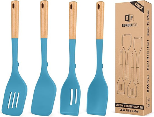 Pack of 4 Silicone Kitchen Utensils Set, Non Stick Solid Spatulas and Heat Resistant Slotted Spoons with Wooden Handle, Ideal BPA Free Cooking Utensils for Mixing,Serving,Turning,Stirring(BLUE)-Ruum Studio Home