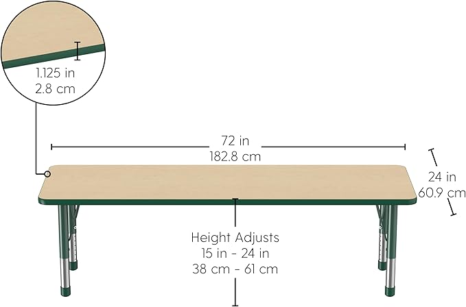 Factory Direct Partners FDP Rectangle Activity School and Classroom Kids Table (24 x 72 inch), Chunky Toddler Legs, Adjustable Table Height 15-24 inches - Maple Top and Green Edge-Ruum Studio Home