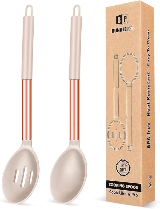 Pack of 2 Large Silicone Cooking Spoons,Non Stick Solid Basting Spoon,Heat-Resistant Kitchen Utensils for Mixing,Serving,Draining,Stirring (ROSE GOLD KHAKI)-Ruum Studio Home