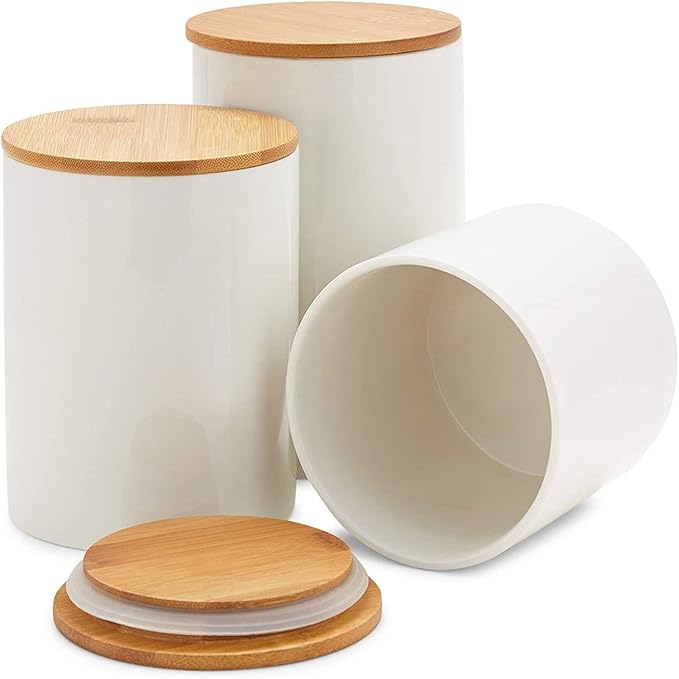 Farmlyn Creek Set of 3 White Ceramic Canisters with Airtight Wooden Bmaboo Lids - Kitchen Counter Containers - Food Storage Jars for Storing Sugar, Coffee, Snacks and Other Dry Goods (3 Sizes)-Ruum Studio Home