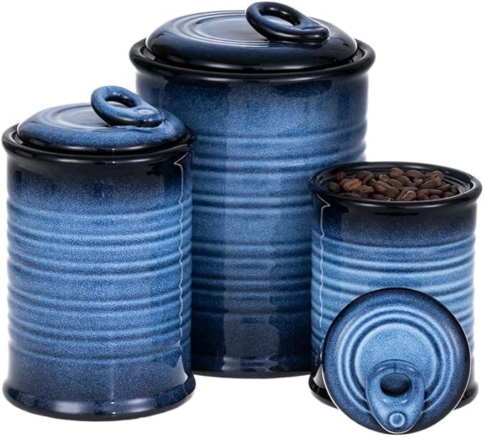 Nihow Food Storage Jar Sets: Ceramic Container with Air Tight Lid for Flour/Sugar/Rice/Coffee/Cookies/Candy - Seal Damp-proof Canister for The Kitchen - Set of 3 （Blue & Black）-Ruum Studio Home