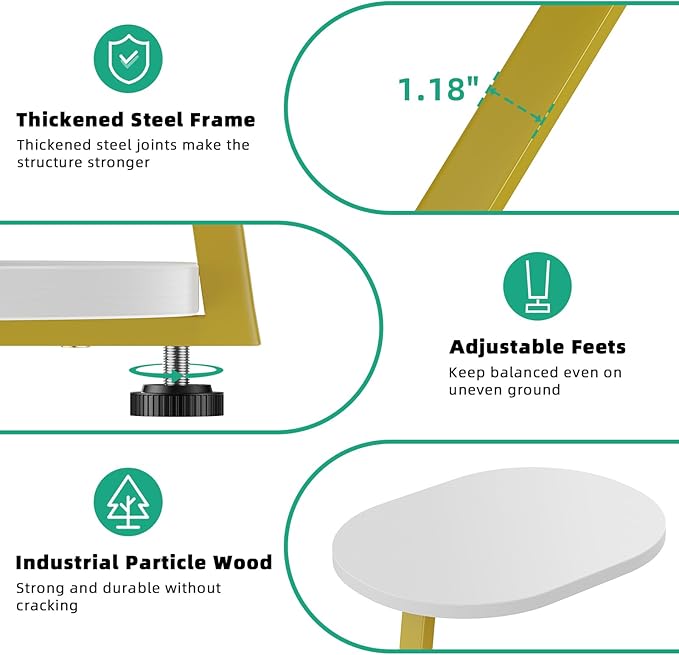 Side Table, Small End Table with Metal Frame, 3-Tier Bedside Tables, Round Side Tables for Living Room Bedroom Couch Bathroom, Oval, White-Ruum Studio Home