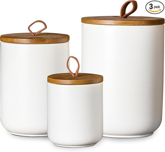 JOJUNO White Ceramic Canister Set with Wooden Lid, 3-Piece Airtight Food Storage Jars for Kitchen Counter - Flour, Sugar, Coffee, Tea, Spice - Small, Medium, Large Sizes-Ruum Studio Home