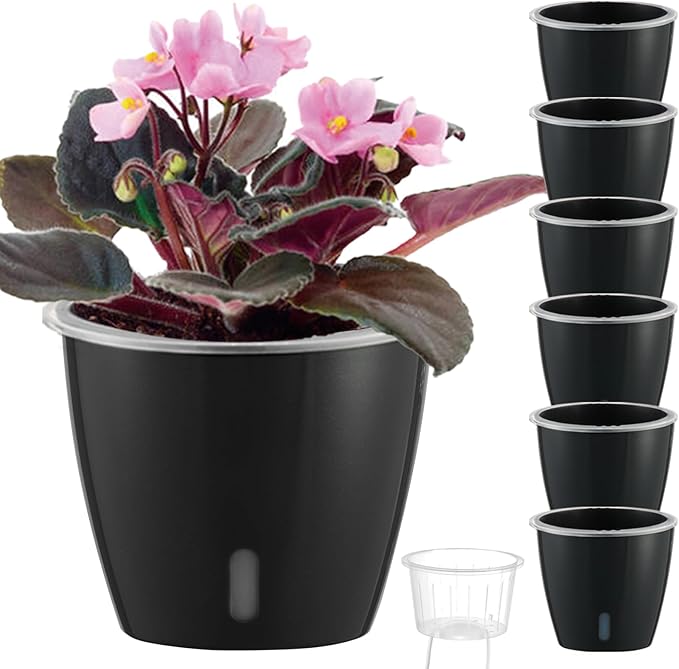 Self-Watering Pots for Indoor Plants, 6-Pack 6.7'' Self Watering Planter with Drainage Holes, Small African Violet Pots with Water Indicator, Clear Wick Pot, Black-Ruum Studio Home