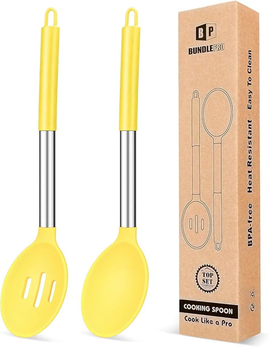 Pack of 2 Large Silicone Cooking Spoons,Non Stick Solid Basting Spoon,Heat-Resistant Kitchen Utensils for Mixing,Serving,Draining,Stirring (YELLOW)-Ruum Studio Home