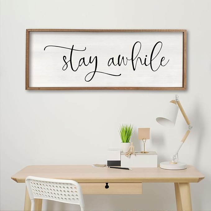 Stay Awhile Sign Wall Decor 32"X12" Large Living Room Entryway Wood Framed Rustic Wall Decor for Vintage Farmhouse Foyer Hanging Lets Stay Home Wall Art (Wood)-Ruum Studio Home
