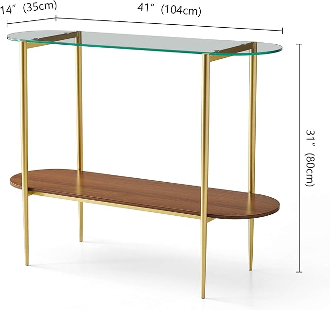 Oval Glass Console Table for Living Room, Foyer & Entrance, 2-Tiers Mid-Century Modern Sofa Table with Clear Glass Top, Walnut Finish Wood Shelf and Gold Finish Frame-Ruum Studio Home