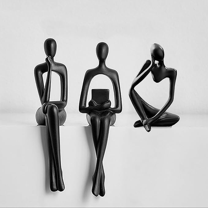 Home Decor Thinker Statue Accents, Set of 3 Thinker Sculptures Office Decor Modern Abstract Resin Decoration on Shelf Table Desk for Living Room Office Bedroom (Large Black)-Ruum Studio Home
