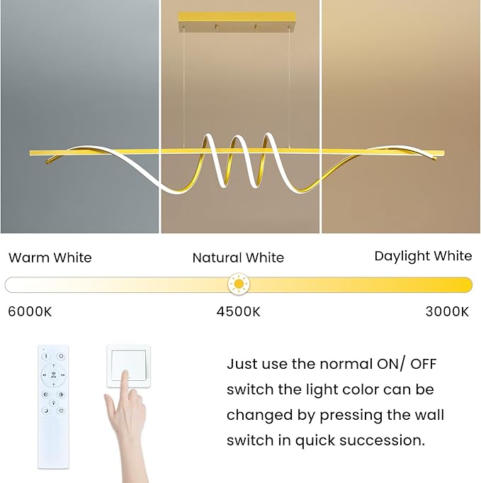 Modern Design Dimmable Desk Linear Pendant Light, with Remote Control Dimmable 3 Color Mode & Brightness Ceiling Lamp, Anti-Flicker Dining Light Fixture for Kitchen, Dining Room (Gold, 57IN)-Ruum Studio Home