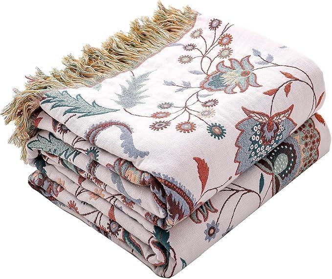 Boho Throw Blanket for Bed,100% Ultra Cotton Soft Breathable Bed Throw Floral Printed Farmhouse Decor Rustic Bed Throws for Couch Sofa Quilt White Flowers 60" x 80"-Ruum Studio Home