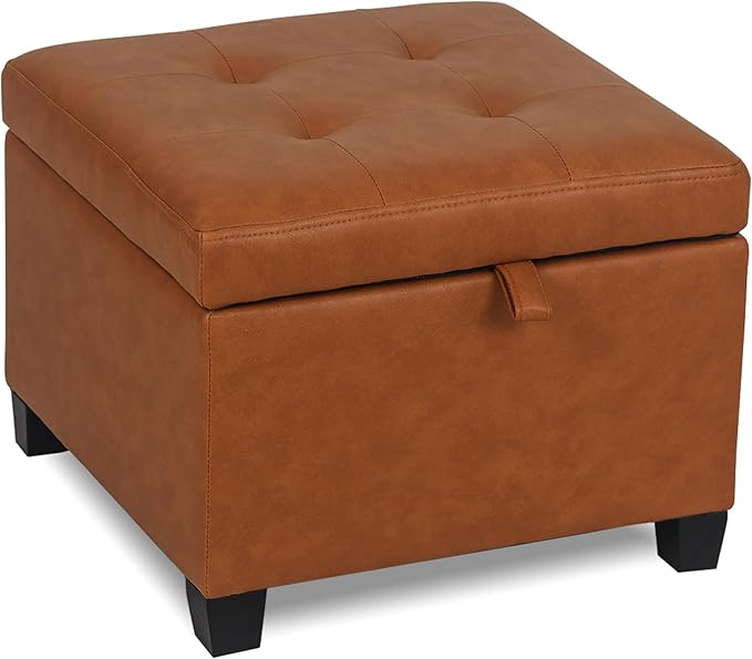Adeco 17.5" Faux Leather Storage Ottoman with Hinged Lid, 14 Inch High Square Cube Foot Stool with Storage, Upholstered Vanity Stool with Solid Wood Legs for Living Room, Bedroom, Dorm (Warm Orange)-Ruum Studio Home
