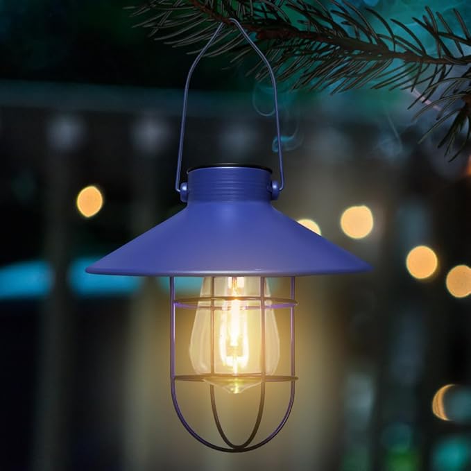 pearlstar Solar Lantern Outdoor Hanging Light Metal Farmhouse Solar Lamp with Warm White Edison Bulb Design for Garden Yard Patio Proch Decor(Blue)-Ruum Studio Home