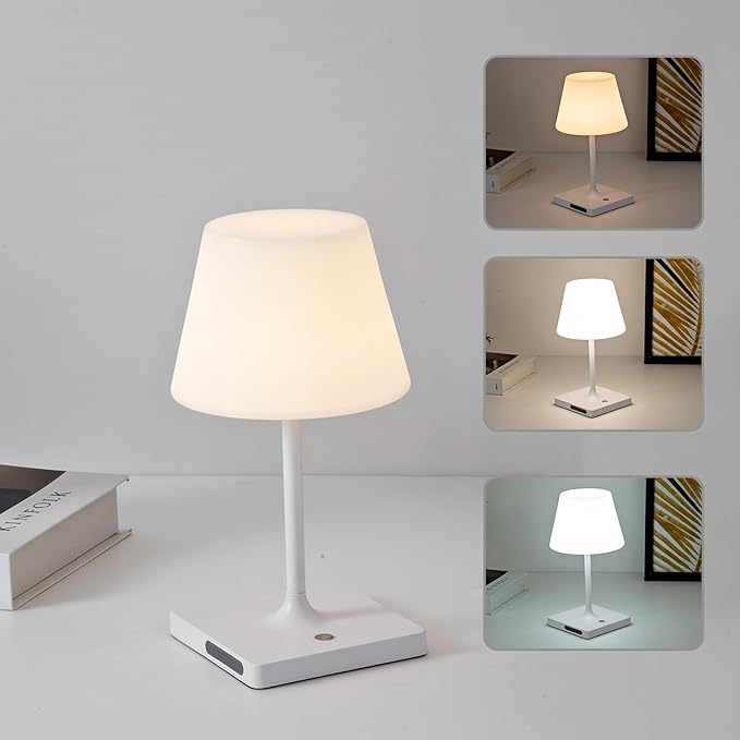 Cordless Table lamp, Outdoor Battery Operated Rechargeable Desk lamp,Waterproof Shower Lamp,4000mAh LED 3 Colors Small Wireless lamp for Kitchen Counter -White-Ruum Studio Home
