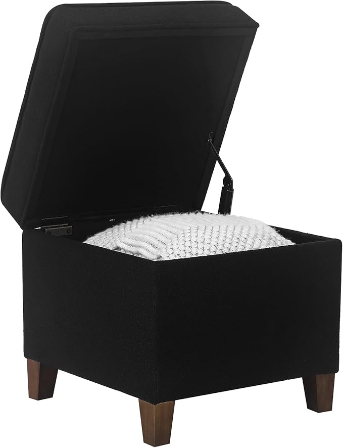Adeco 17.5" Square Fabric Ottoman with Storage - Upholstered Cotton Linen Foot Rest - Flip Top Footstool with Sturdy Wood Legs, Small Cube Coffee Table Extra Seat for Living Room, Bedroom, Black-Ruum Studio Home