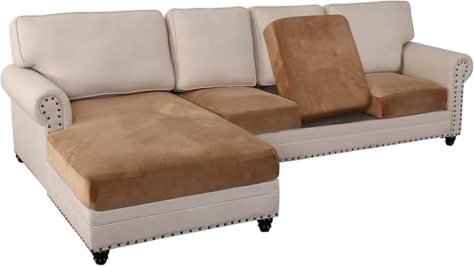 PrinceDeco Sectional Couch Covers 4 Pieces Couch Covers for Sofa Velvet Separate Couch Cover L Shape for Left/Right Chaise(3 Seater + 1 Chaise,Camel)-Ruum Studio Home