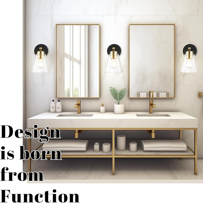 Hamilyeah Black and Gold Wall Sconces Set of 2, Bathroom Sconces Wall Lighting Fixture Indoor with Glass Shade, Mordern Black Wall Sconce Lighting for Kitchen, Hallway, Living Room-Ruum Studio Home