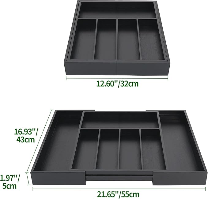 VaeFae Premium Bamboo Drawer Organizer, Expandable Silverware Drawer Organizer, Cutlery Tray with Dividers for Kitchen Utensils (Black, Large)-Ruum Studio Home