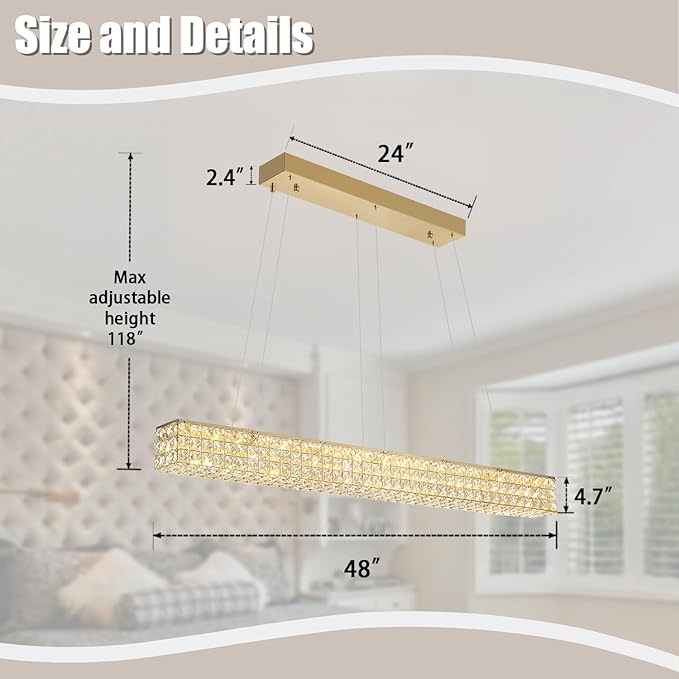 W48 Rectangular Gold Crystal Chandelier Modern Rectangle Pendant Ceiling Light Fixture for Living Room Dining Room Kitchen Island Bar-Ruum Studio Home