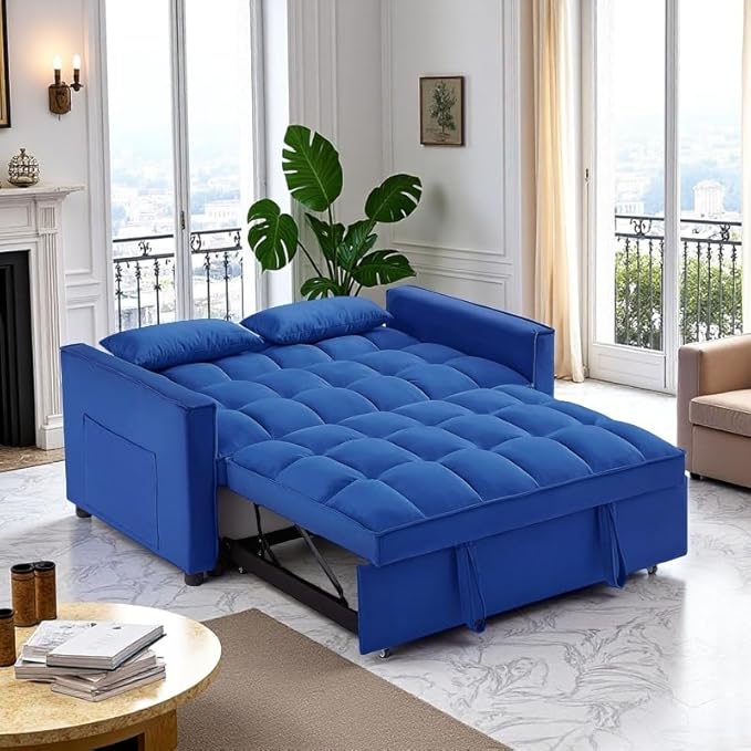 3 in 1 Sleeper Sofa Beds, Futon Sofa Bed for Living Room with Side Pocket, Sleepers Couch with Pullout Bed, Convertible Love Seat Sleepers Couch for Living Room, Bedroom, Small Space, Blue-Ruum Studio Home