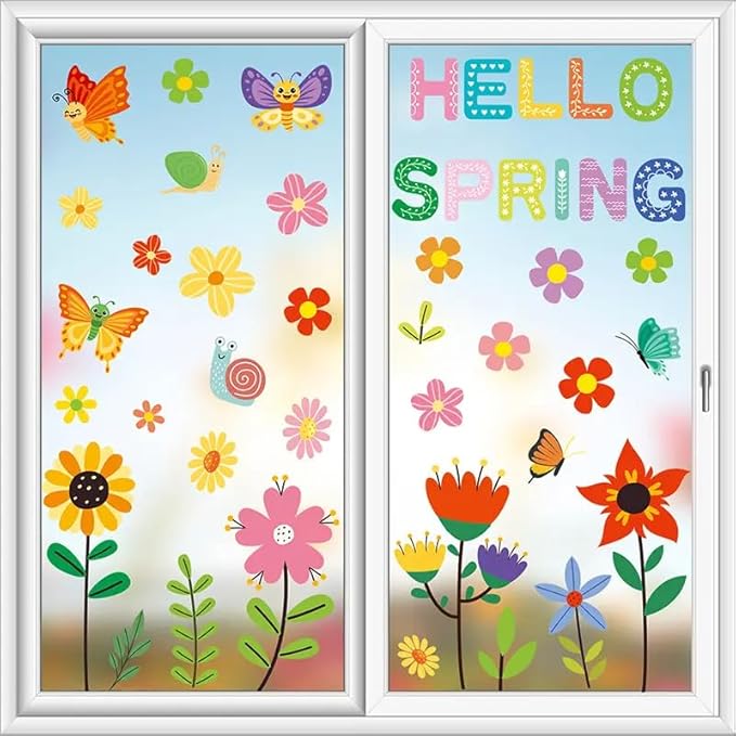 Set of 93 PCS Hello Spring Summer Window Cling Sticker Daisy, Sunflower, Birds, and Butterfly Window Stickers, Spring and Summer Decor, Home, Shop, Party Window Glass Display Stickers-Ruum Studio Home