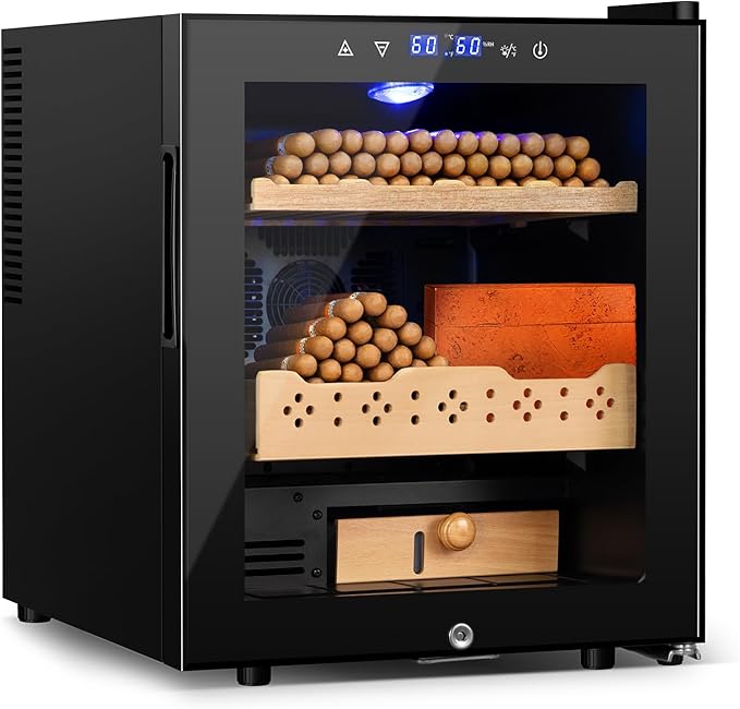 Electric Humidor for Cigars, 50L 300 Counts Large Capacity Thermostatic Desktop Humidor Cabinet with Digital LED Screen, Safety Lock,Smart Humidity & Temp Control, Gifts for Men-Ruum Studio Home
