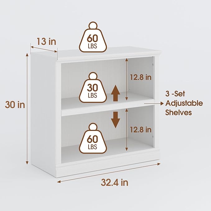 30" Bookcase, White Floor Standing Bookshelf, 2-Tier Display Shelves Open Storage Organizer, Book Case for Living Room Hallway Kitchen Home Office Bedroom, White 2 Tiers-Ruum Studio Home