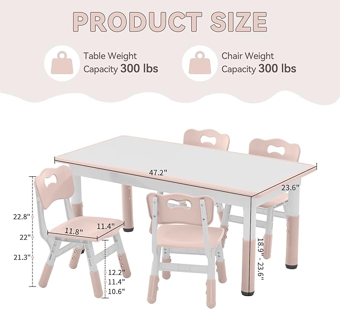 Kids Study Table and Chairs Set, Height Adjustable Toddler Table and Chair Set for Kids Ages 3-8, Graffiti Desktop Plastic Children Art Table with 4 Seats, Lovely Pink-Ruum Studio Home