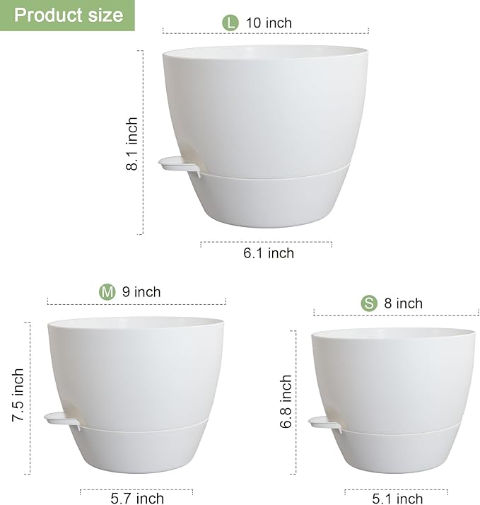10/9/8 inch Medium Self Watering Pots, Plant Pots with Mesh Drainage Holes for Indoor Outdoor Garden Plants, Flower Pots with Removable Reservoir, Set of 3 Plastic Planters, White-Ruum Studio Home