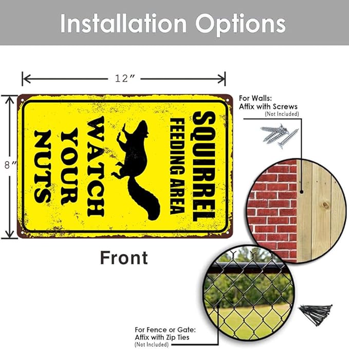 Squirrel Sign Funny Metal Sign Squirrel Feeding Area Watch Your Nuts Signs Vintage Tin Sign For Home Outdoor Garage Wall Decoration 8x12inch-Ruum Studio Home