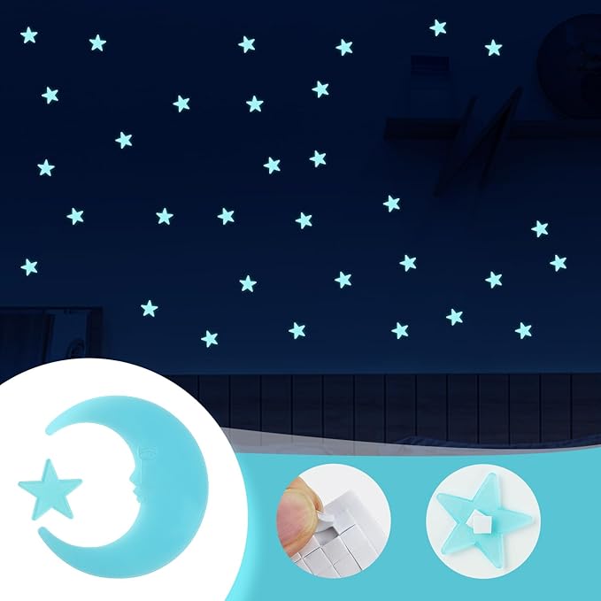 100 Stars and 1 Moon Glow in The Dark Luminous Fluorescent 3D Plastic Glow Stars Moon for Ceiling, Glowing Wall Stickers Create a Realistic Starry Sky, Room Decorations (Blue)-Ruum Studio Home