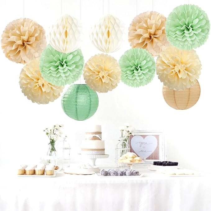 Sage Green-Boho Party-Decorations Paper-Flowers Lanterns - 15PCS Safari Rustic Neutral Baby Shower Tissue Pom Poms Streamers, Champagne Gold Birthday Wedding Graduation Hanging Supplies Decor Hugfond-Ruum Studio Home