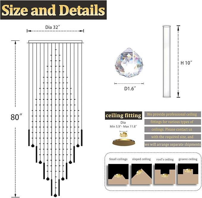 D32 x H79'' Modern Crystal Raindrop Gold Chandelier Lighting for Entrance, Stairs, Doorway, Crystal Ornament Chandelier Can be Used on Slopin-Ruum Studio Home