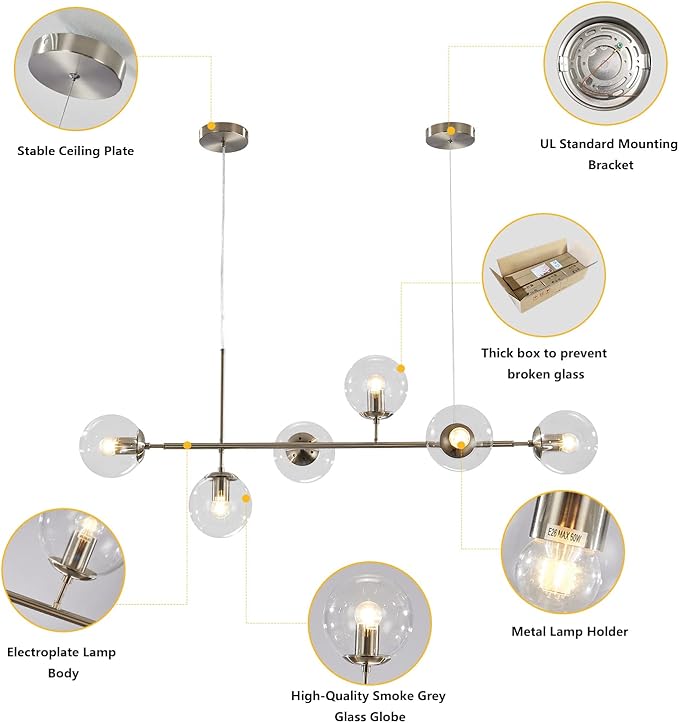 KCO Lighting 6 Light Bubble Glass Pendant Light Mid Century Modern Globe Sputnik Chandelier Linear Chandelier Lighting Brushed Nickel Hanging Light Fixture for Kitchen Island Dining Room-Ruum Studio Home
