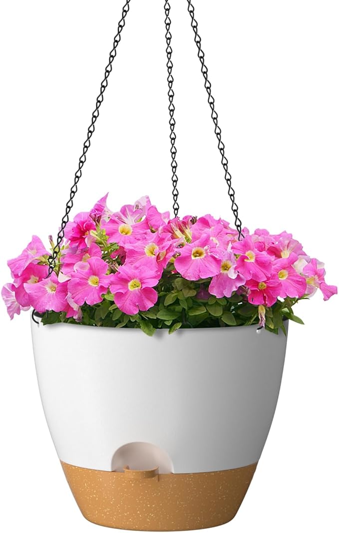 ZMTECH 12 Inch Hanging Planters for Indoor Outdoor Plants, 1 Pack Self Watering Hanging Plant Pots with Drainage Holes and Removable Saucer, Plastic Flower Hanging Pots with Watering Lip (White)-Ruum Studio Home