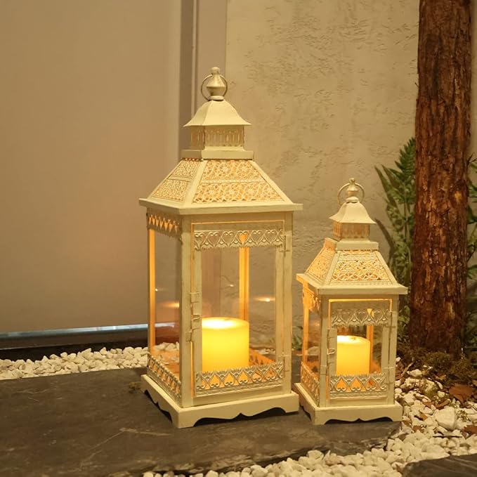NEEDOMO Lanterns Decorative Outdoor & Indoor, Set of 2 Outdoor Lanterns for Porch,Large Square Candle Lantern, Beige Metal Frame with Glass for Fall, Christmas-Ruum Studio Home