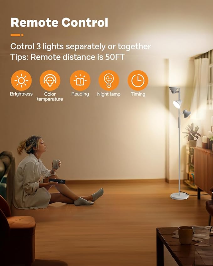 LED Tree Floor Lamp Silver, 36W Super Bright Standing Lamp with Remote Control, 4 Color Temperatures, 3 Rotatable LED Lights, Dimmable Floor Lamps for Living Room, Bedroom, Office-Ruum Studio Home