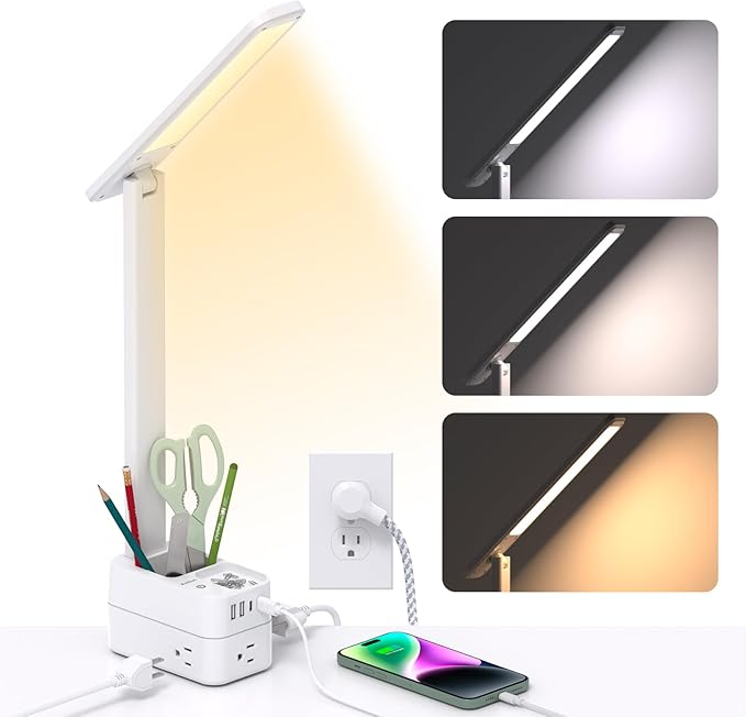 Addtam LED Desk Lamp with Pen Holder, Study Lamps with 3 Outlets 4 USB Charging Ports(2 USBC), 3 Color Modes Desk Light Touch Lamp, Small Desk Lamps for Home Office College Dorm Room Essentials-Ruum Studio Home