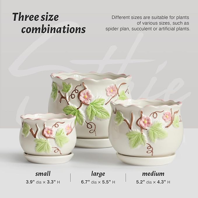 Ceramic Plant Pots with Drainage Holes and Saucers, Round Flower Pots for Indoor Plant, 3.9/5.2/6.7 Inches Small Flower Planters Set of 3-Ruum Studio Home