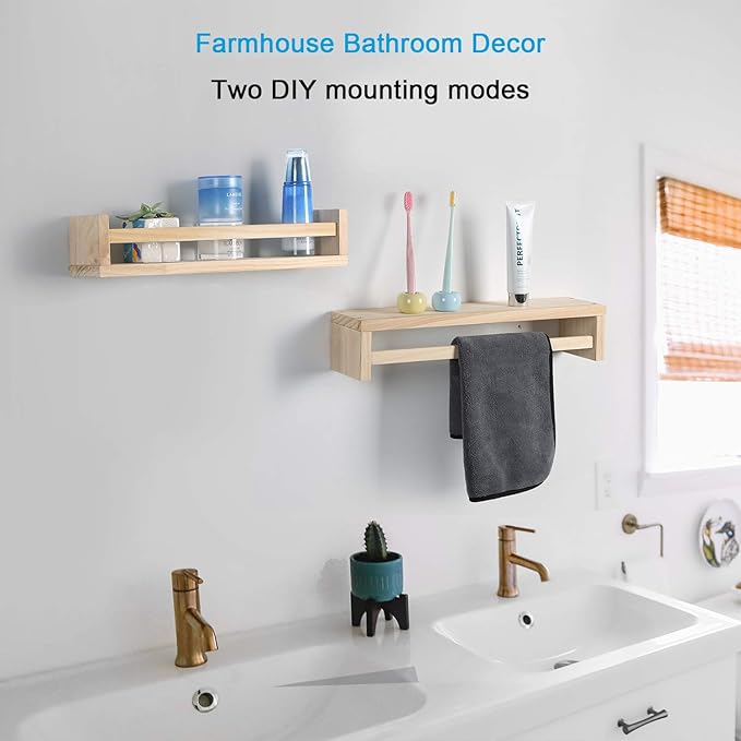 Nursery Floating Book Shelves for Kids Room, Kitchen Spice Rack, or Rustic Wall Mounted Shelves for Farmhouse Bathroom Decor (Natural Wood),Set of 2-Ruum Studio Home
