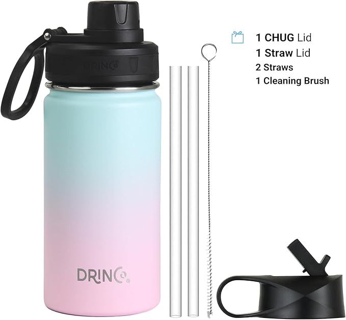 DRINCO Stainless Steel Water Bottle Spout Lid Vacuum Insulated Double Wall Water Bottle Wide Mouth (40oz 32oz 22oz 18oz 14oz) Leak Proof Keeps Cold or Hot (14 oz, 14oz Macaron)-Ruum Studio Home