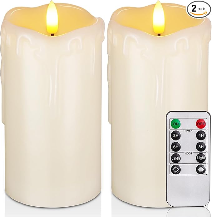 Homemory Dripping Wax Flameless Candles, Battery Operated Candles with Remote Control and Timers, LED Pillar Candles, Electric Fake Candles, 3" x 6", Set of 2-Ruum Studio Home
